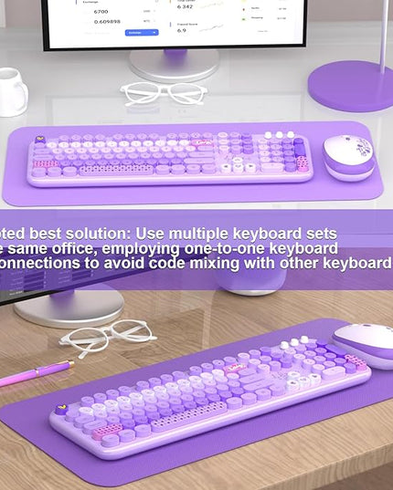 Wireless Keyboard and Mouse Combo, 104 Keys Cute Colorful Keyboard and Mouse with Retro Typewriter for PC/Mac/Laptop/Tablet/Computer/Windows Microsoft, Purple