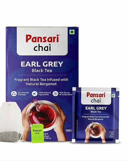 Pansari Earl Grey Black Tea, Individually Wrapped Bags – Smooth, Flavourful & Robust, Pure Caffeinated Black Tea, Enjoy Hot or Iced, Premium Tea Blend with Darjeeling, Aromatic & Bold – (100 Tea Bags)