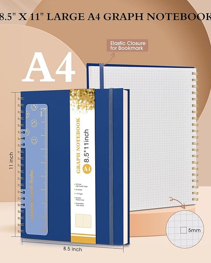 Graph Paper Notebook, Spiral Notebook Journal 8.5” x 11”, A4 Large Grid Notebooks for Women Men, 100 GSM Graph Paper, Plastic Hardcover Spiral Graphing Journals for Work School Engineering, Navy
