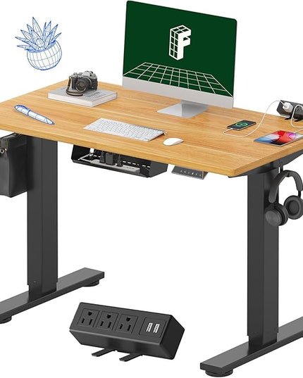 FLEXISPOT EN2 Whole-Piece Standing Desk with Clamp Power Strip, 40 x 24'' Electric Stand Up Height Adjustable Desk with Cable Management (Black Frame + 40" Maple Top, 2 Packages)