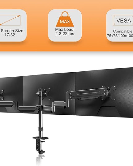 Pholiten Triple Monitor Desk Mount,Triple Gas Spring Monitor Arm for 17-32 inch LCD Computer Screens,Holds up to 22lb,Swivel, Tilt, Rotation, Clamp & Grommet Kit