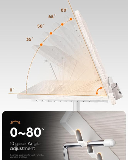 2 in 1 Adjustable Book Stand - Dual-Use Floor and Desktop Book Holder Stand, Height Adjustable 23.5-52 in, Elastic Page Clips for Music Sheet, Recipe, Tablet, Laptop-White
