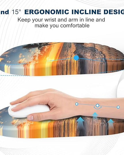 Ergonomic Mouse Pad and Keyboard Wrist Rest with Massage Design, Space-Saving Mouse Pad Wrist Support, Memory Foam Wrist Rest with Non-Slip PU Base for Computer Desk, Beach
