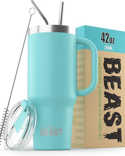 Beast 42 oz Tumbler with Handle Stainless Steel Vacuum Insulated Coffee Ice Cup Double Wall Travel Flask (Aqua Blue)