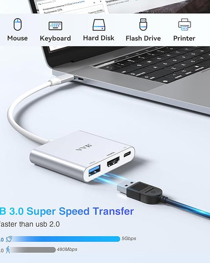 USB C to HDMI Adapter,USB-C Adapter Hub with 4K HDMI,USB3.0,Type C PD Charge Port 4K Multiport Digital AV Converter for iPad Pro/air,MacBook Pro/air,Tablet,Switch and More USBC Device