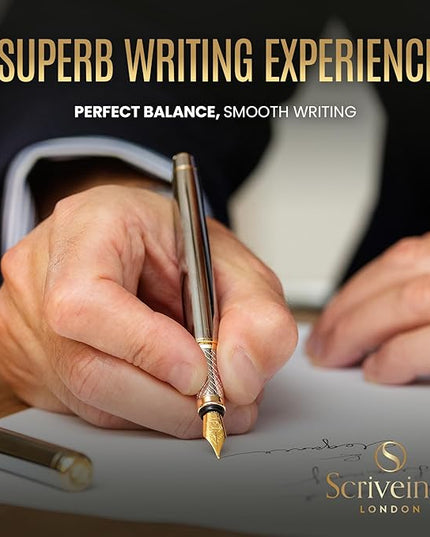 Scriveiner Personalized Silver Chrome Fountain Pen - Stunning Luxury Pen, Real Gold Plating, Schmidt Gilded Nib (Medium) Best Engraved Pen Gift Set for Men & Women, Custom Name Engraving