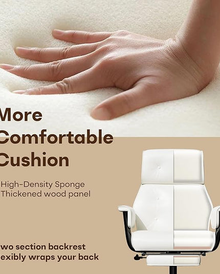 Criss Cross Chair with Wheels and Arms, Reclining Office Chair with Footrest and Wide Seat, Leather Big and Tall Desk Chair 400LBS, Button Tufted Vintage Design, White