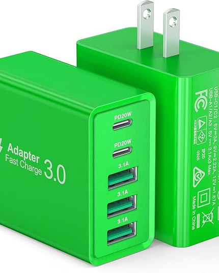 USB C Wall Charger, 60W USB C Charger Block 5-Port PD Fast Charging Blocks,USB A Multiport Plug Brick Cube,Dual Type C Power Adapter for iPhone 17/16/15/14/13/Pro,iPad,Samsung,for Switch（Green 2-Pack）