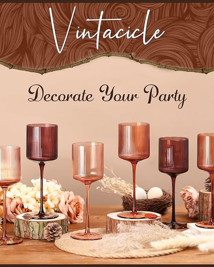 Melanin Colored Square Wine Glasses Set of 6, Elegant Ribbed Design Amber Crystal Glassware with Long Stem, 11.5oz Hand Blown Red & White Wine Stemware For Home Bar Deco,Party,Wine Dinner- Multicolour