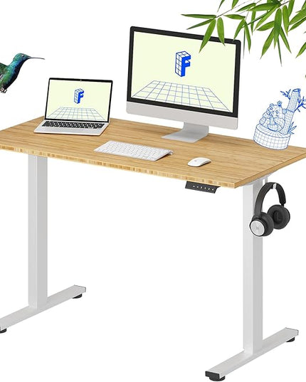 FLEXISPOT EN1 Bamboo Standing Desk, 48 x 24 Inches Whole-Piece Electric Height Adjustable Desk (White Frame + Bamboo Top, 2 Packages)