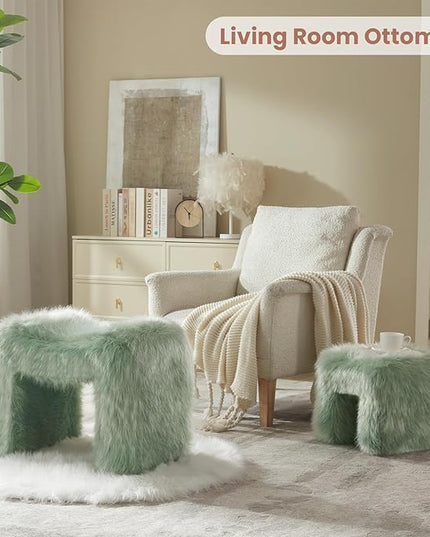 Ottoman Set of 2 Small Footstool Ottoman Vanity Stool Chair Faux Fur Seating Backless Modern Foot Rest Furry for Makeup Room Living Room Bedroom Entryway,Green(2-in-1)