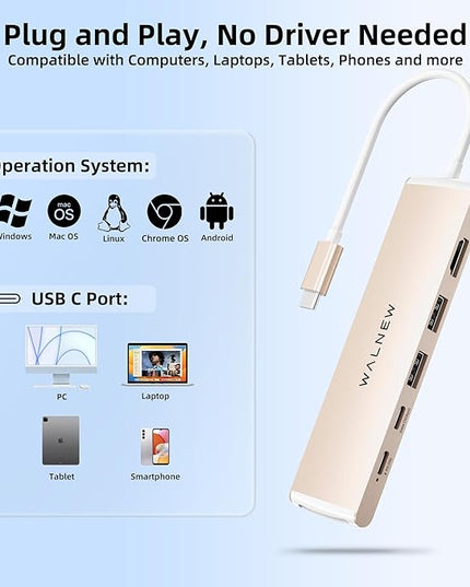 WALNEW 7 in 1 USB-C Hub with 4K HDMI,100W PD,5Gbps Data Port(1 Type-C & 2 USB 3.0),SD/TF Reader, Thunderbolt 4 Dock Multiport Adapter for MacBook Pro Air,Mac,iPad 10/Mini 6,Surface (Starlight)
