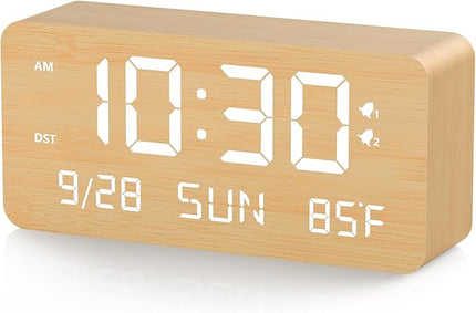Fomobest Wooden Digital Alarm Clock for Bedroom -Desk Clock with Date, Day of Week, Temperature, Dual Alarms, Dimmer, USB Port Charge, DST, Adjustable Volume for Living Room/Office Wood Decor (Bamboo)