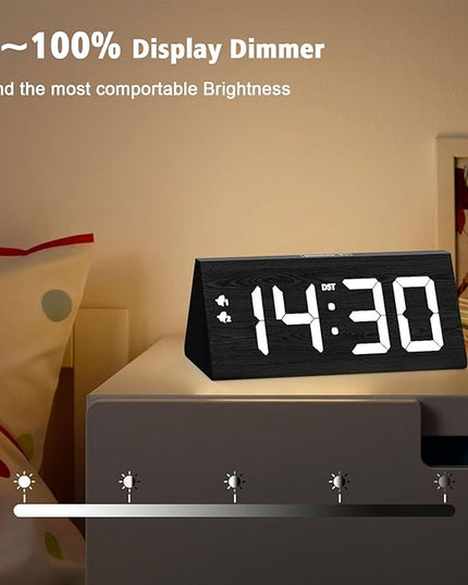 fomobest Wooden Digital Alarm Clock with Dual USB Charging Ports, DST, Dimmable, Snooze, Modern Large Time Display LED Clock for Kids Bedrooms, Living Room, Desk, Table, Bedside, Nightstand (Black)