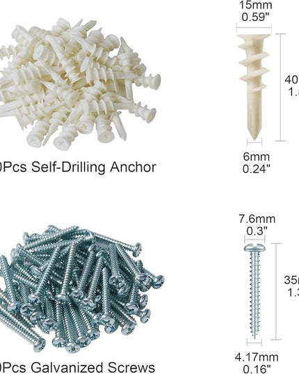 KURUI #8 Self Drilling Drywall Anchors with Screws Kit, Heavy Duty Dry Wall Anchors for Hanging Sheetrock, 50 Self-Tapping Plastic Drywall Hangers 50 Sheet Rock Screws, 100PCs Mounting Hardware -75LB