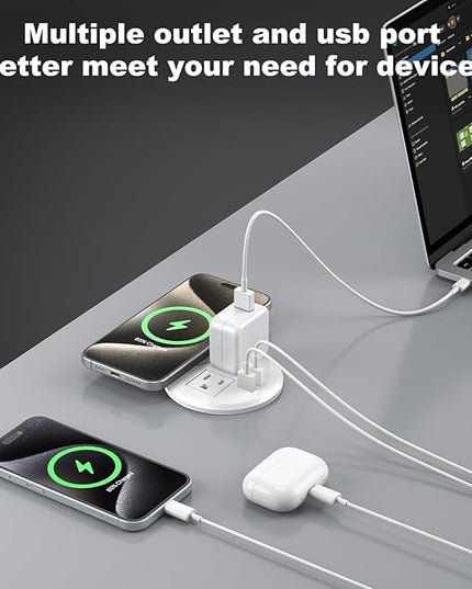 3 Inch Desk Hole Recessed Power Grommet with 15W Wireless Charger Cover, 2 USB-A Countertop Grommet Mount Power Outlet, with AC Outlets and 6ft Extension Cord