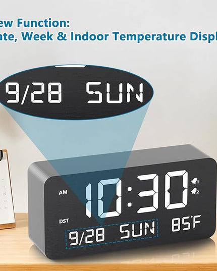 Fomobest Wooden Digital Alarm Clock for Bedroom - Desk Clock with Date, Day of Week, Temperature, Dual Alarms, Dimmer, USB Port Charge, DST, Adjustable Volume for Living Room/Office Wood Decor (Black)
