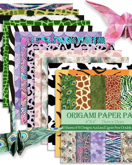 Square Origami Paper 6x6 Double Sided 50 Sheets 50 Colors 70GSM Origami Kit Japanese Chiyo Easy Fold Arts Crafts DIY Handwork Animal Fur