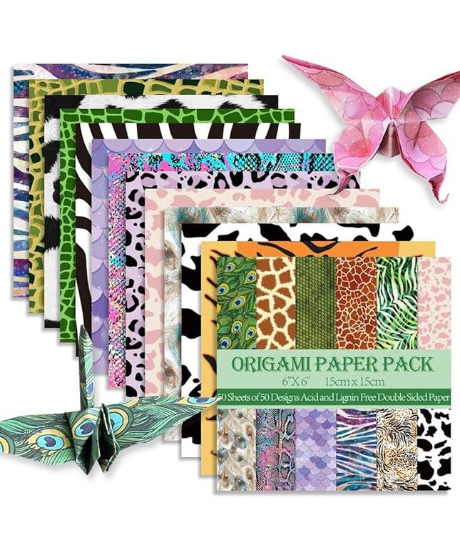Square Origami Paper 6x6 Double Sided 50 Sheets 50 Colors 70GSM Origami Kit Japanese Chiyo Easy Fold Arts Crafts DIY Handwork Animal Fur
