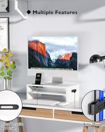 BONTEC Wooden Monitor Stand Riser, 2-Tier Desk Shelf with Storage Organizer, Ergonomic Computer Stand with Cable Management, Cellphone Holder, White, 16.5 Inch