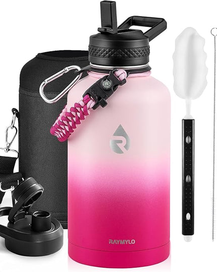 Insulated Water Bottle 64 oz, Triple Wall Vacuum Stainless Steel (Cold for 48 Hrs), Leak Proof & Non-BPA, Half Gallon Water Flask Jug with Paracord Handle & Straw Spout Lids, Ombre Pink