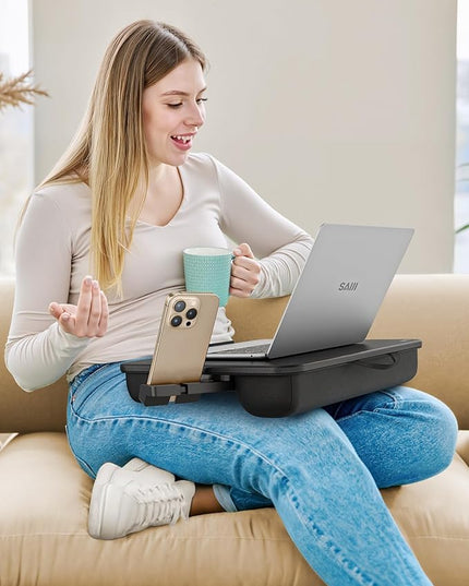SAIJI Laptop Lap Desk, Portable Laptops Tray with Cushion, Drawer Storage, Phone Holder, Carry Handle, Phone Holder- Computer Laptop Stand for Bed Fits Up to 15.6 Inch Laptops