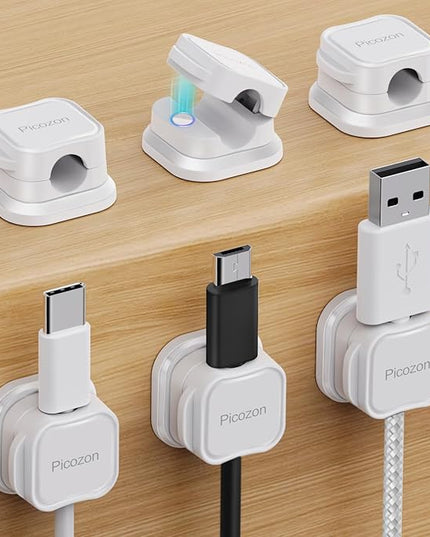 6 Pack Magnetic Cable Clip Organizer Cord Holder, Picozon Adhesive Cable Management, Wire Phone USB Charger Cable Holder, Keeper Organizer for Office Home Desktop Table - White