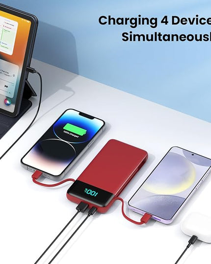 FOCHEW Portable Charger for iPhone with Built in Cables and Wall Plug,Upgraded 13800mAh Fast Charging USB C Power Bank,4 Outputs Travel Essential Battery Pack Compatible with iPhone 15/14/13/12,-Red