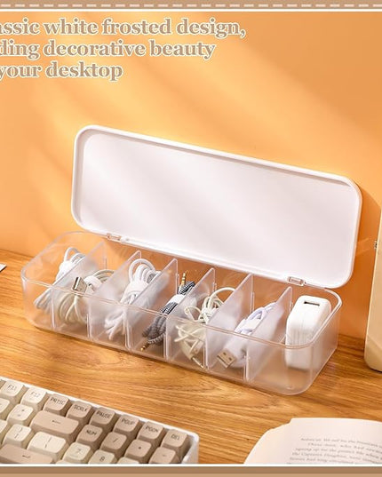 Cable Organizer Box with Lid, 3 Pcs Cable Cord Storage Organizer Box with 21 Wire Ties 54 Cable Labels, 7 Compartments Charger Organizer for Office Drawer Desk Accessories Case