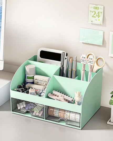 COMFYROOM Desk Organizer with 6 Compartments and 2 Drawers, Plastic Makeup Organizer, Pen Holder for Desktop Storage, Desk Organization for School, Home, Office Supplies (Mint Green)
