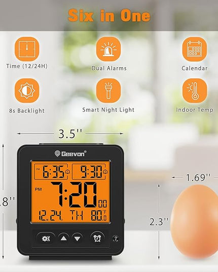 Geevon Smart Night Light Small Digital Alarm Clock with 2 Increasing Beep Alarm, Indoor Temperature, Battery Operated Travel Clock for Bedroom, Bedside, Desk(Black)