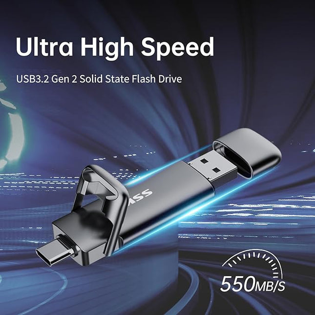 SSK 128GB Dual USB C Flash Drive,2-in-1 Type C+ USB A 3.2 Gen2 Solid State Thumb Drive,Speed Up to 550MB/s Memory Stick Data Storage for iPhone 15,Thunderbolt 3, Android Phone,Tablet,Laptop