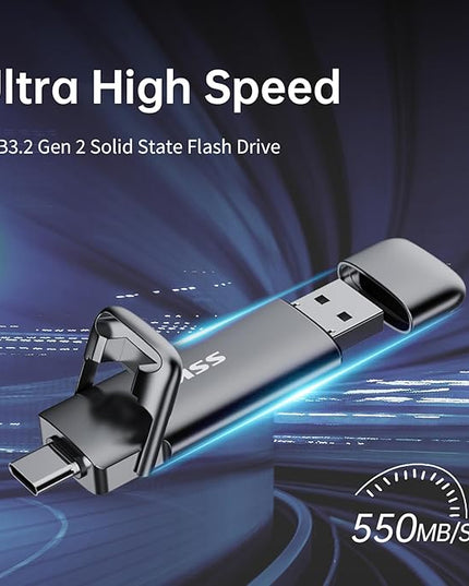 SSK 256GB Dual USB C Flash Drive, 2-in-1 Type C+ USB A 3.2 Gen2 Solid State Thumb Drive,Speed Up to 550MB/s Memory Stick Data Storage for iPhone 15, Android Phone,Tablet,MacBook,Windows