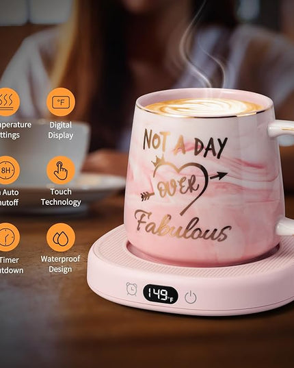 Coffee Mug Warmer & Not A Day Mug Set, Coffee Cup Warmer for Desk, 4 Temperature Setting, Smart Electric Beverage Warmer for Coffee, Tea, 8-Hours Auto Shut Off