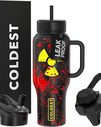 Coldest Tumbler with Handle and Straw, 100% Leak Proof Insulated Tumbler with Lid and Straw (3 Lids), Stainless Steel Tumblers for Women & Men, Cup Holder Friendly Base, 36 oz (Radioactive)