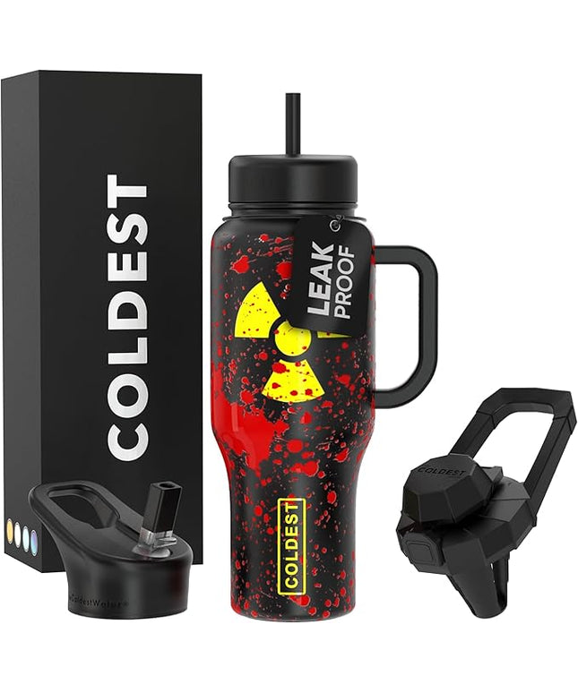 Coldest Tumbler with Handle and Straw, 100% Leak Proof Insulated Tumbler with Lid and Straw (3 Lids), Stainless Steel Tumblers for Women & Men, Cup Holder Friendly Base, 36 oz (Radioactive)