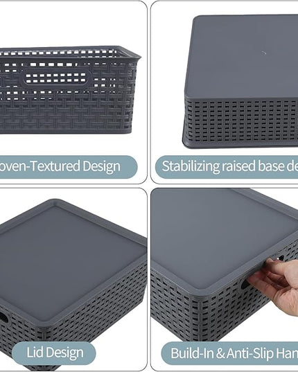 6 Pack Plastic Storage Bins with Lids, Stackable Storage Baskets with Handles, Plastic Organizer Container Bins for Desk,Shelves,Office, Pantry Organizers and Storage, Grey