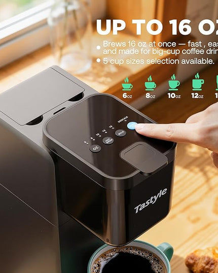 Single Serve Coffee Maker Hot and Iced with Bold Brew, Small Coffee Machine for K Cup and Ground, Fits 7.3'' Travel Mug, Brews up to 16 Oz, 5 Cup Sizes, for Office, RV& Hotel, Elegant Black