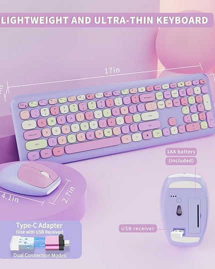 Wireless Keyboard and Mouse Combo, Colorful Ergonomic Full Size Retro Low-Noise Keyboard with Cute keycaps, Compatible with Windows, PC, Perfer for Home and Office Keyboards (Purple)
