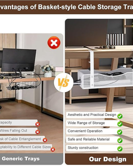 Extra Wide Under Desk Cable Management - No Drill Installation Cable Management Tray, Modern Cord Organizer for Office/Home Desk, Fits Power Strips & Wires((White, XL)