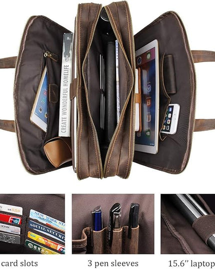 Augus Leather Briefcase for Men Business Travel Messenger Bags 15.6 Inch Laptop Bag YKK Metal Zipper, Brown