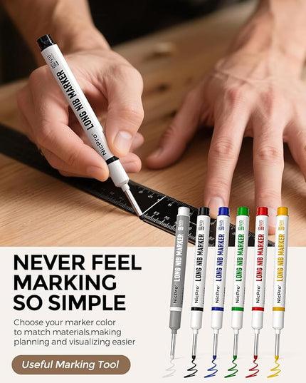 Nicpro 12 PCS Long Nib Marker Pens, 20mm Deep Hole Markers, Quick Dry & Waterproof Construction Marker, Long Head Mark Pens for Metal, Steel, Tile, Glass, Carpenter Marking Tool for Woodworking