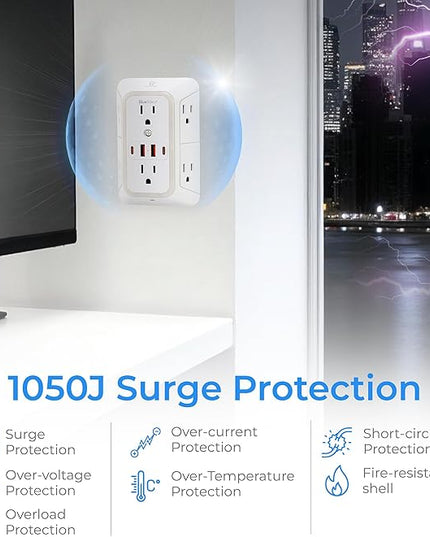 Wall Mount Power Strips Wall Charger 6 Outlet Extender 4 USB Ports (5V, 2.4A, 12W) and Night Light 3-Sided Power Strip with Adapter Spaced Outlets - Multi Plug Outlet Surge Protector for Home Office
