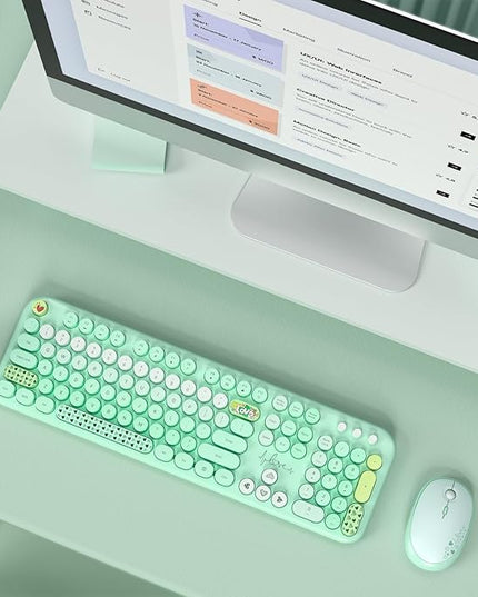MOFII Wireless Keyboard and Mouse Combo, Full Size 2.4G Plug and Play Typewriter Retro Round Computer Keyboard and Mouse Set for Windows, Computer, Desktop, PC, Notebook - (Green Colorful)