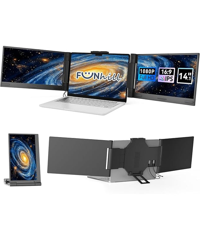 Laptop Screen Extender 14 inch Laptop Monitor Extender 1080P IPS, Triple Portable Monitor for Laptops 13-17.3" with USB-C DP/HDMI Port, Plug-Play Portable Screen for Windows/Mac/Chrome/Android