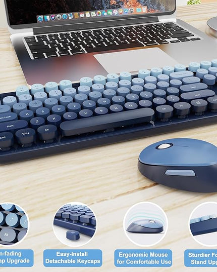 Wireless Keyboard and Mouse Combo, Ergonomic Full Size Typewriter Retro Round Keycaps Keyboard, Compatible with Windows, PC, Perfer for Home and Office Keyboards (Twilight Blue