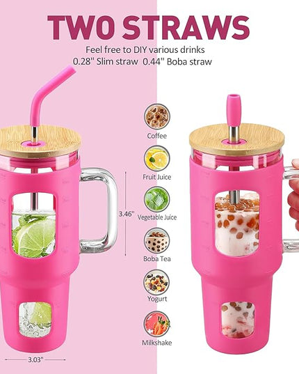 Glass Tumbler with Straw & Lid, 32 oz Glass Cup with Handle, Water Bottle with Time Marker - Pearl Straw & Silicone Protective Sleeve - Rose Red