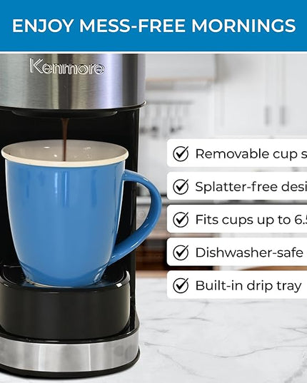 Kenmore Single Serve Coffee Maker – Compatible with Keurig K‑Cup Pods & Ground Coffee, One Cup Brewer, 6–14 Oz Brew Sizes, Travel Mug Friendly, Auto Shut‑Off, Hot & Iced Maquina de cafe, Black