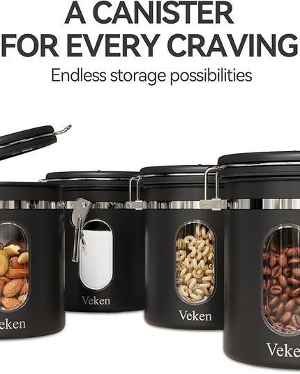 Veken Coffee Canister with Window, Airtight Stainless Steel Kitchen Food Storage Container with Lids, Date Tracker and Scoop for Grounds Coffee, Beans, Tea, Flour, Cereal, Sugar Jars, 16OZ, Black