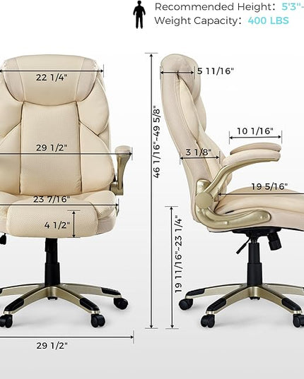 EUREKA ERGONOMIC Galene Executive Office Chair Flip Up Arm Rest, Ergonomic Desk Chair Faux Leather Computer Chair, High Back Office Chair with Headrest, Home Office Desk Chairs with Wheels, Beige